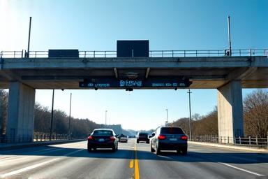 Close-up of a toll collection gantry over a highway.