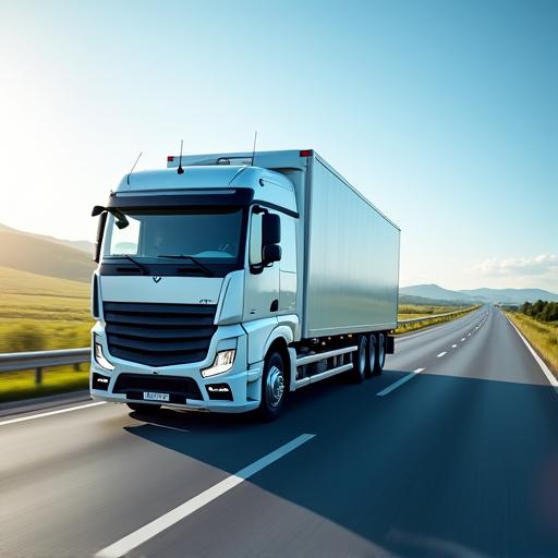 A modern truck driving on a highway, symbolizing fleet and logistics operations.